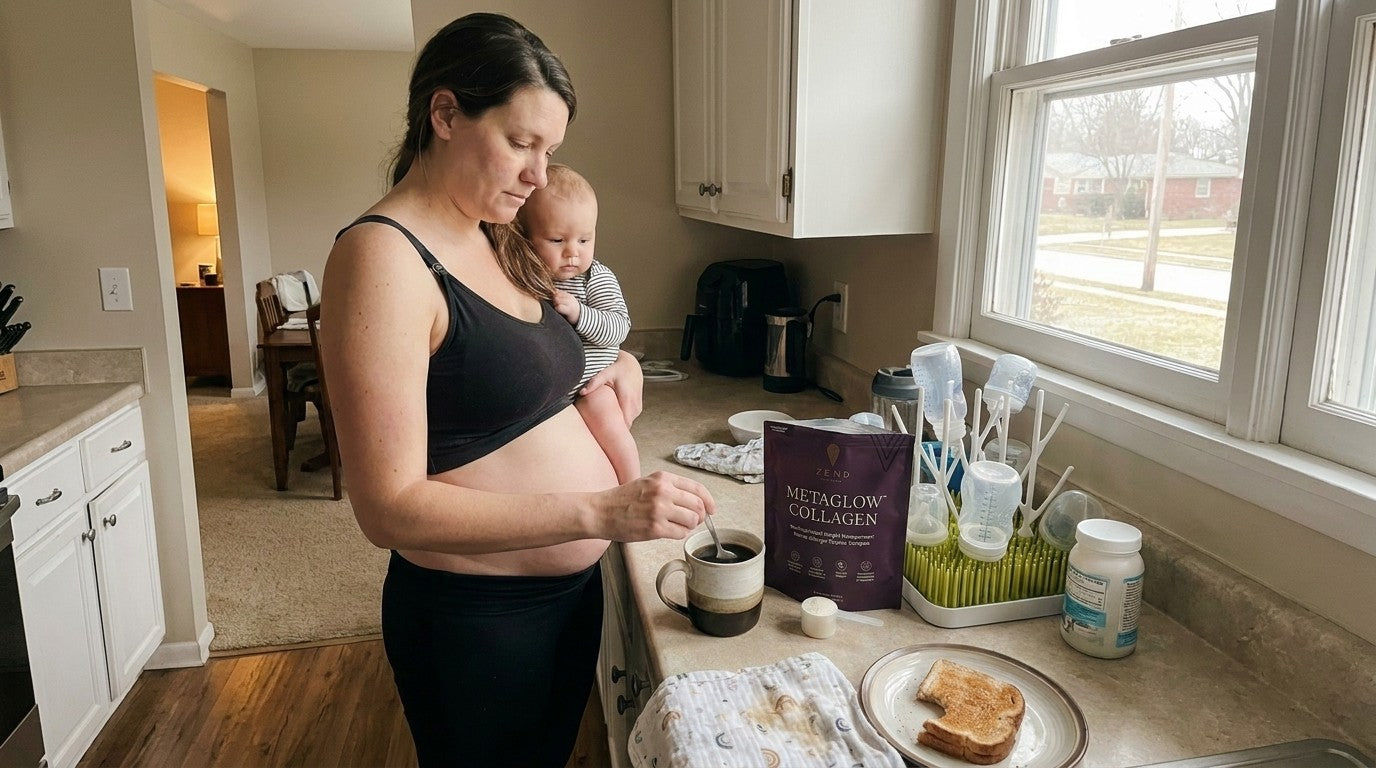 A mother at her kitchen counter, baby on her hip, stirring a scoop of MetaGlow into her coffee