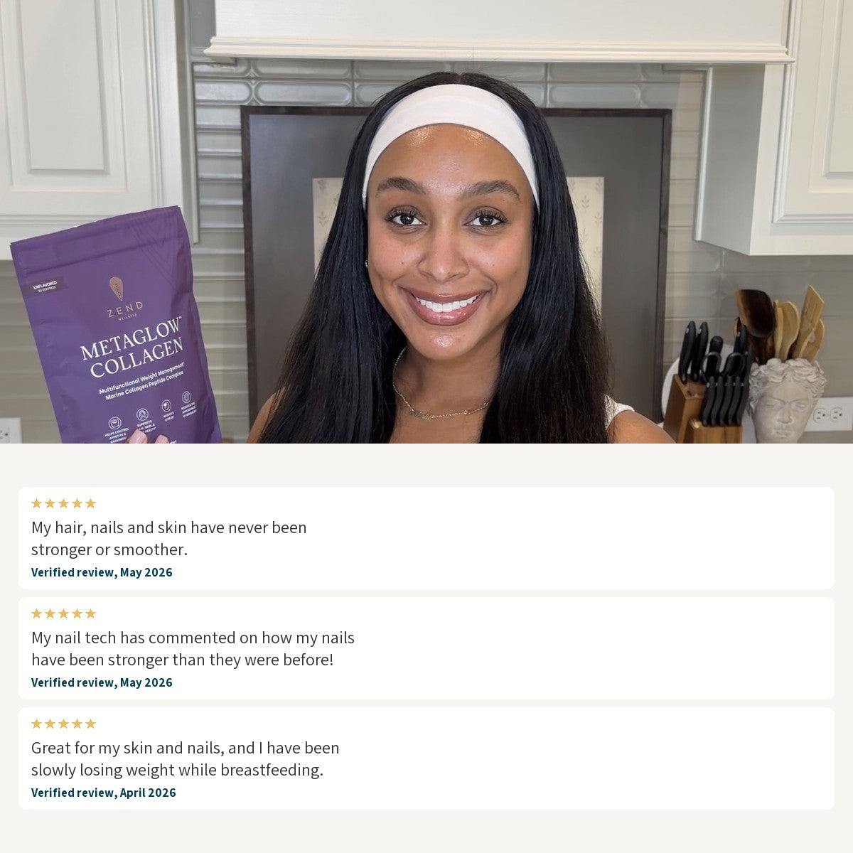 A Zend customer at home holding the MetaGlow pouch