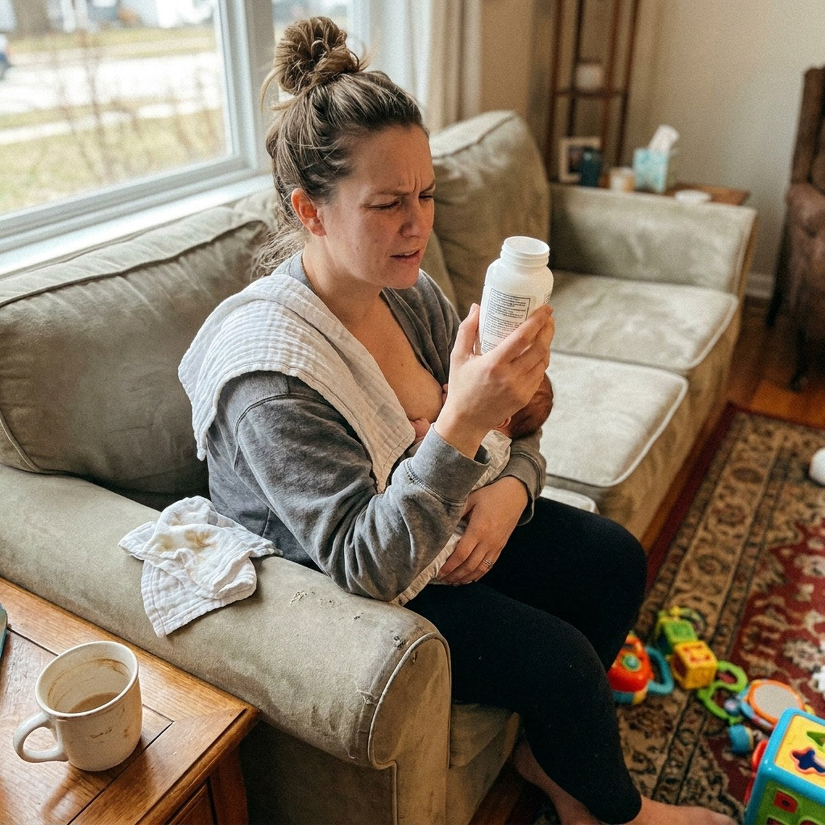 A mother holding her baby in the kitchen with MetaGlow on the counter