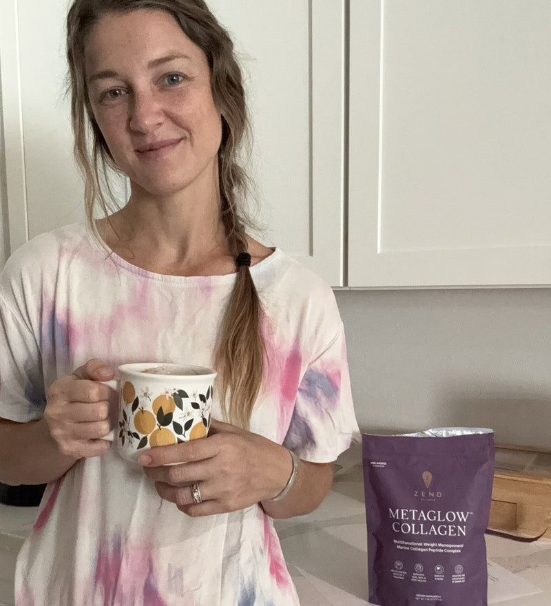 A Zend customer holding her MetaGlow pouch