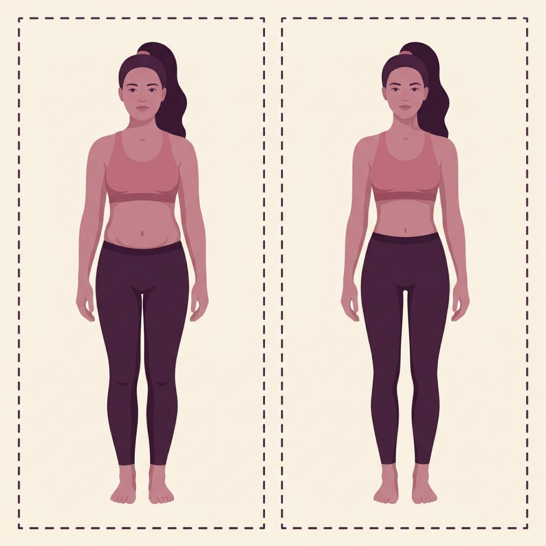 The same woman with mild bloating on ordinary creatine, beside her looking de-bloated and comfortable on Evolve