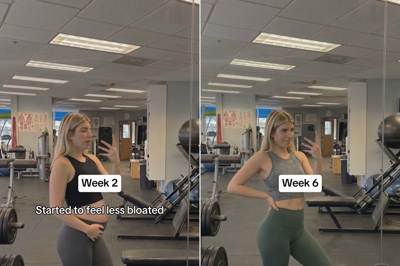 The same customer at week two and week six, unretouched
