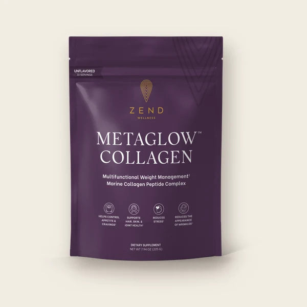 The MetaGlow Collagen bag beside a mug of coffee, a scoop and a gift box