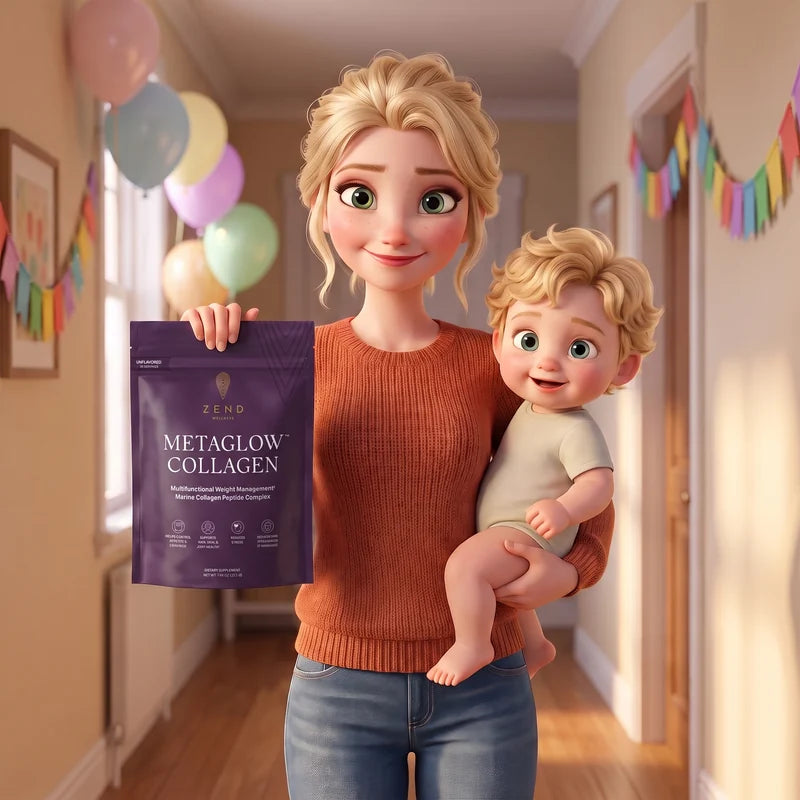 Animated mom holding a bag of MetaGlow Collagen with her toddler on her hip