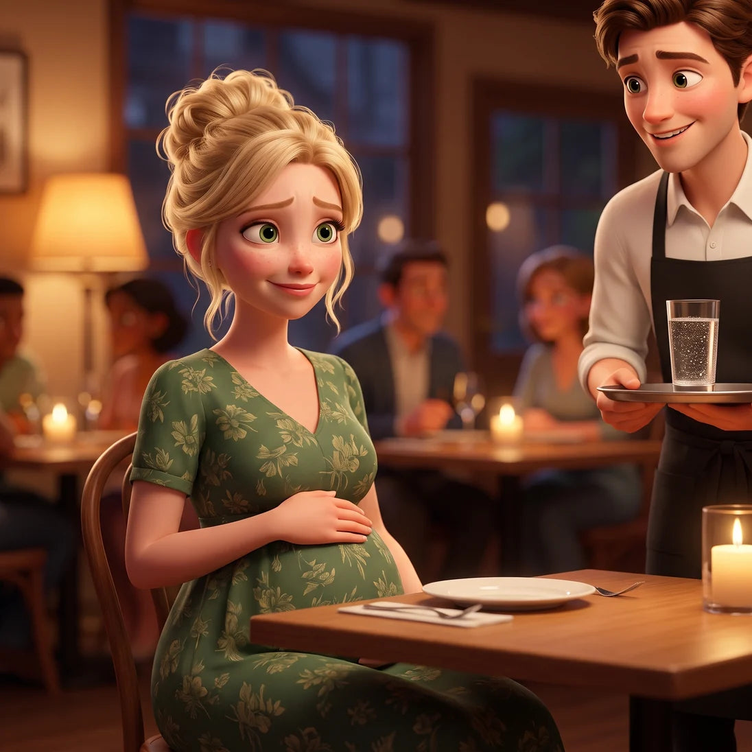 Animated mom at a restaurant table, smiling politely as a waiter brings her sparkling water