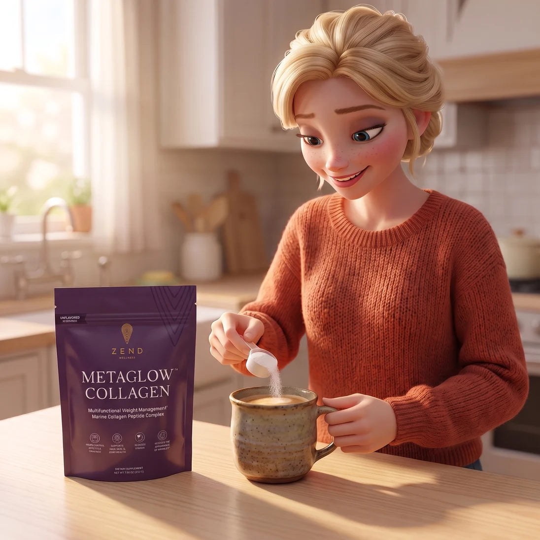 Animated mom stirring a scoop of MetaGlow into her morning coffee, the bag beside her mug